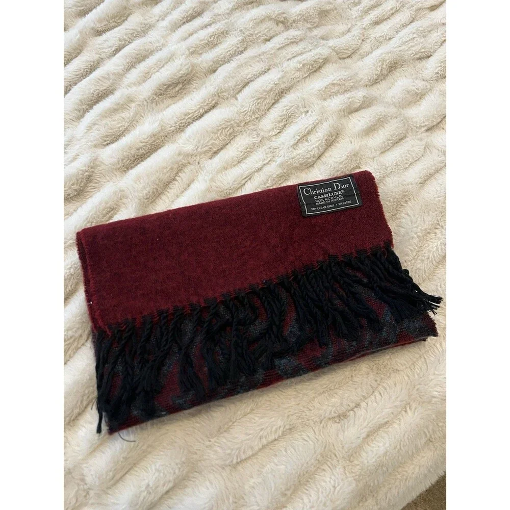 Christian Dior Vintage Cashluxe Fringed Red Plaid Long 100% Acrylic Scarf